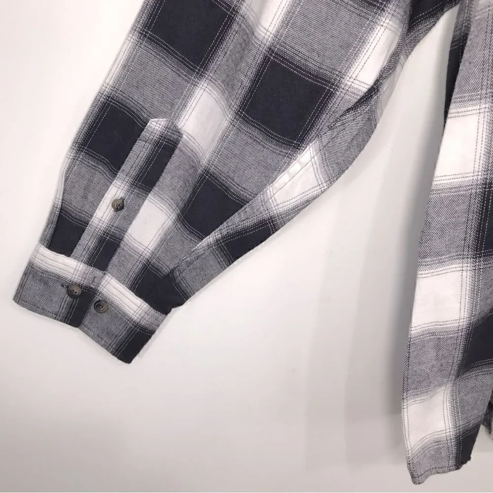 Blue Mountain Charcoal Gray White Plaid Flannel Button Down Casual Shirt